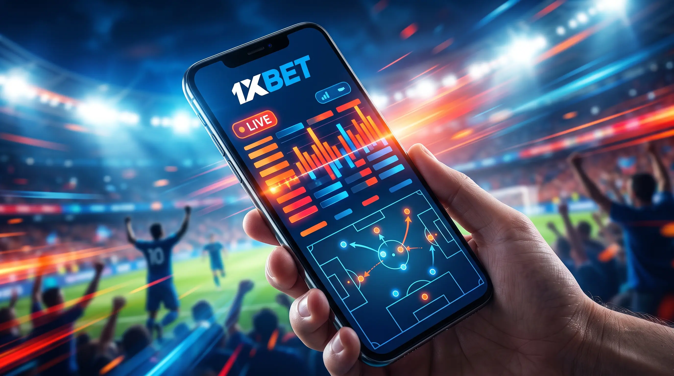 Smartphone against a stadium-lights backdrop, illustrating the 1xbet android app built for live betting.