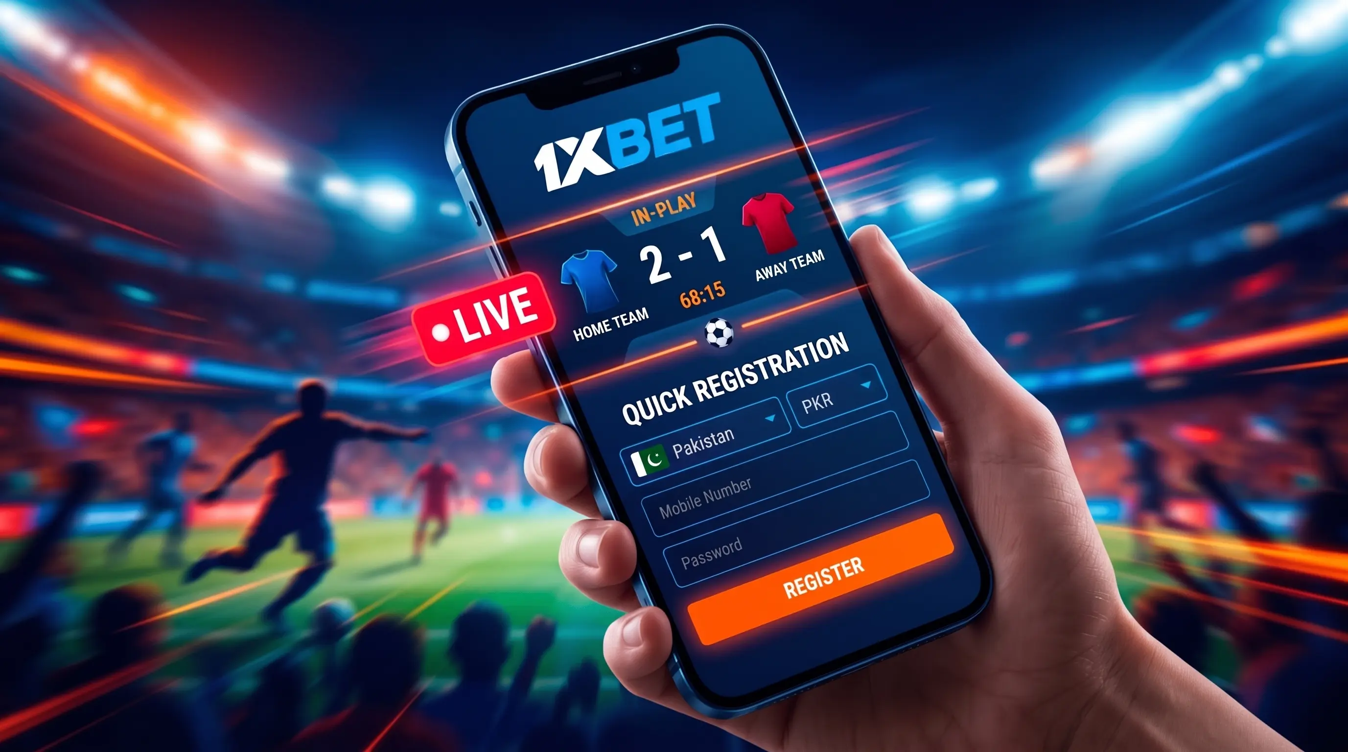 Smartphone with a live scoreboard and sign-up form, illustrating 1xbet app registration for live betting.